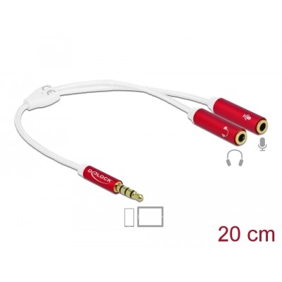 Delock Headset Adapter 1 x 3.5 mm 4 pin Stereo jack male to 2 x 3.5 mm 4 pin Stereo jack female with textile shielding 20 cm