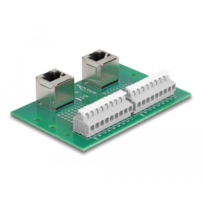 Delock RJ45 2 x female to 2 x Terminal Block with push-button for DIN rail angled 2