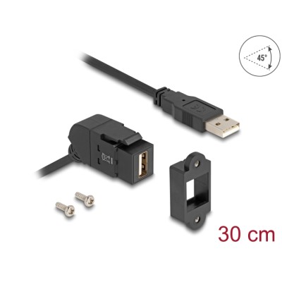 Delock Keystone Module USB 2.0 Type-A panel mount female 45° angled to Type-A male with 30 cm cable black
