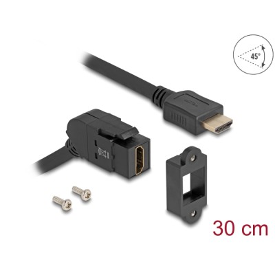 Delock Keystone Module HDMI panel mount female 45° angled to HDMI male with 30 cm cable 8K 60 Hz black