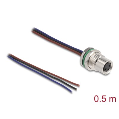 Delock M8 panel-mount cable A-coded 3 pin female for panel with open cable ends front mounting 0.5 m