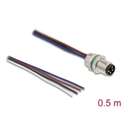 Delock M8 panel-mount cable A-coded 4 pin male for panel with open cable ends front mounting 0.5 m