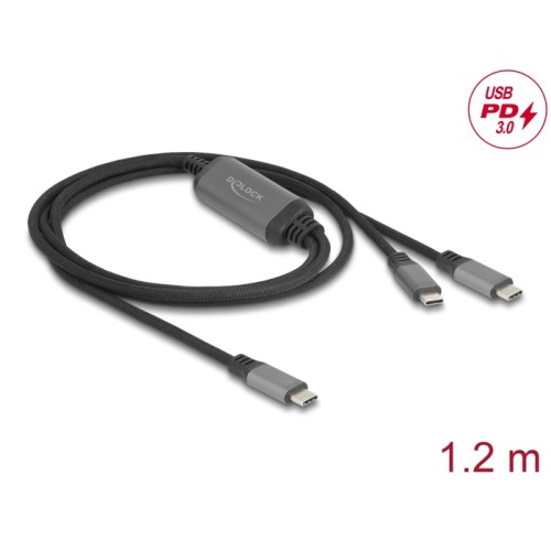 Delock USB-C™ Y-Cable 1 x male to 2 x male PD 3.0 100 W intelligent power distribution 1.2 m
