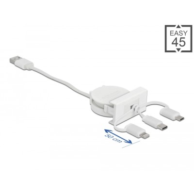 Delock Easy 45 Module USB 2.0 3 in 1 Retractable Cable USB Type-A to USB-C™, Micro USB and Lightning white