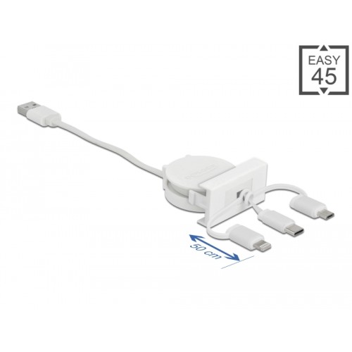Delock Easy 45 Module USB 2.0 3 in 1 Retractable Cable USB Type-A to USB-C™, Micro USB and Lightning white