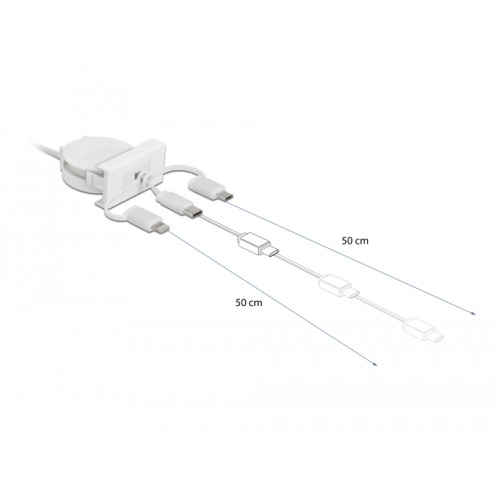 Delock Easy 45 Module USB 2.0 3 in 1 Retractable Cable USB Type-A to USB-C™, Micro USB and Lightning white