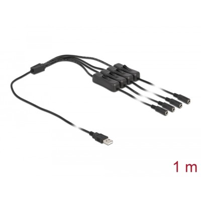 Delock Cable USB Type-A male to 4 x DC 5.5 x 2.1 mm female with switch 1 m