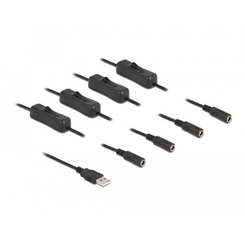 Delock Cable USB Type-A male to 4 x DC 5.5 x 2.1 mm female with switch 1 m