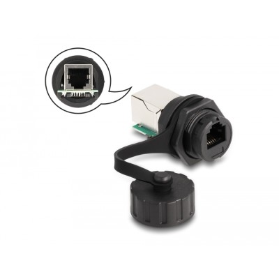 Delock Cable Connector RJ12 jack to RJ12 jack for installation with protective cap IP68 dust and waterproof black