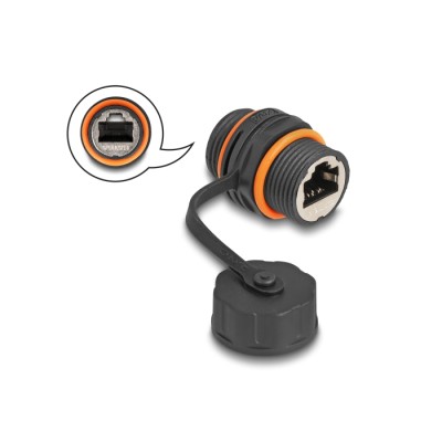 Delock Cable Connector RJ45 jack to RJ45 jack Cat.6A with M20 thread and protective cap IP68 dust and waterproof