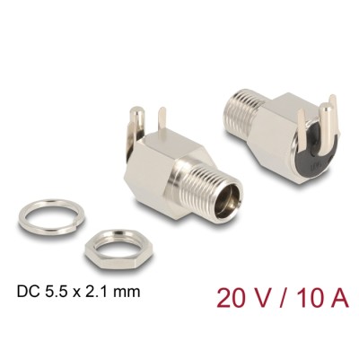 Delock Connector DC 5.5 x 2.1 mm female bulkhead soldering version angled - Hexagon 20 V / 10 A