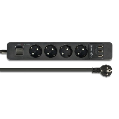 Delock Extension Socket 4-way with Surge Protection and USB charger black