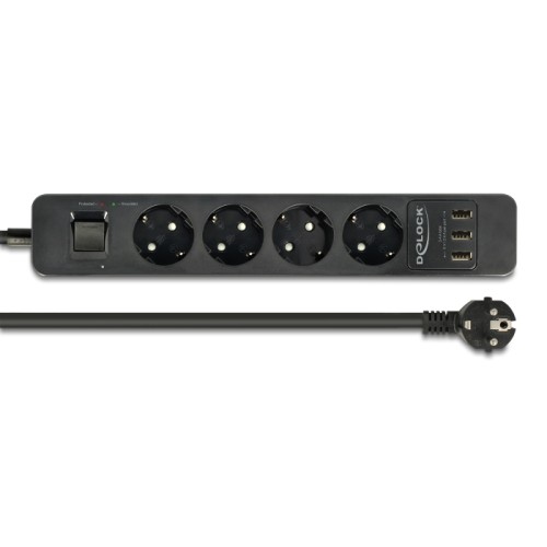 Delock Extension Socket 4-way with Surge Protection and USB charger black