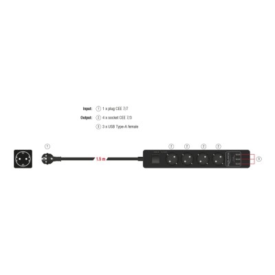 Delock Extension Socket 4-way with Surge Protection and USB charger black 2