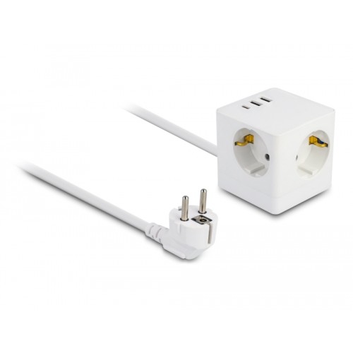 Delock Extension Socket Cube 3-way with childproof lock and USB charger, 1.5 m cable, white