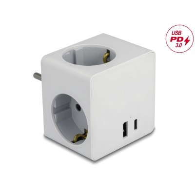 Delock Multi Socket Cube 3-way with childproof lock and USB PD 3.0 charger 20 W white