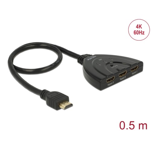 Delock HDMI UHD Switch 3 x HDMI in > 1 x HDMI out 4K with integrated cable 50 cm