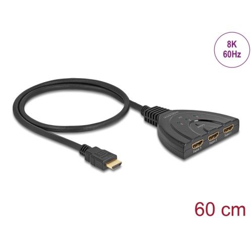 Delock HDMI Switch 3 x HDMI in to 1 x HDMI out 8K 60 Hz with integrated cable 60 cm