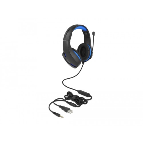 Delock Gaming Headset Over-Ear with 3.5 mm Stereo jack and blue LED light for PC, Laptop and Game Consoles