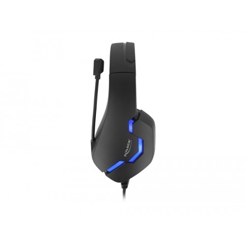 Delock Gaming Headset Over-Ear with 3.5 mm Stereo jack and blue LED light for PC, Laptop and Game Consoles