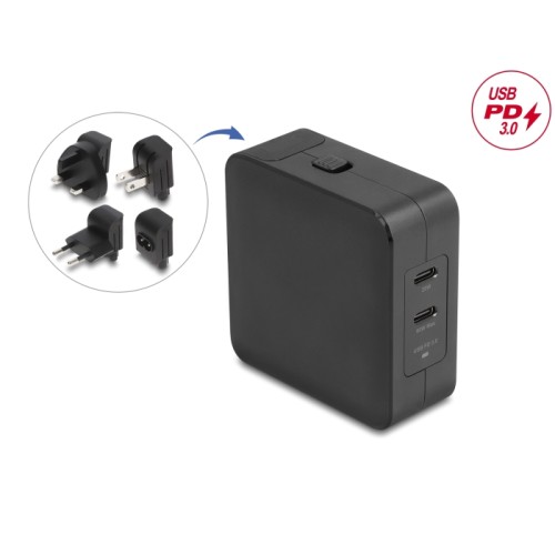 Delock USB GaN Charger 2 x USB Type-C™ PD 3.0 with 65 W including power adapter for EU / US / UK