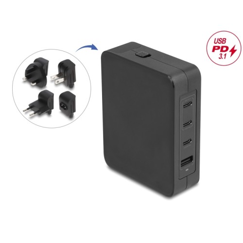 Delock USB GaN Charger 3 x USB Type-C™ PD 3.1 and 1 x USB Type-A with 145 W including power adapter for EU / US / UK