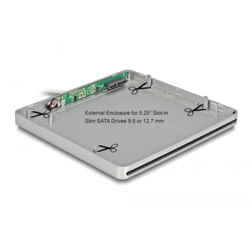 Delock External Enclosure for 5.25″ Slot-in Slim SATA Drives 9.5 / 12.7 mm to USB Type-C™ male silver