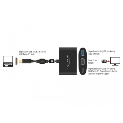 Delock Adapter USB Type-C™ male  VGA female (DP Alt Mode) + USB Type-A + USB Type-C™ PD 2