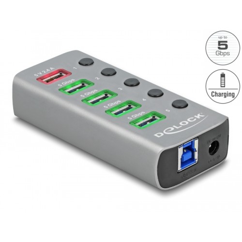 Delock USB 3.2 Gen 1 Hub with 4 Ports + 1 Fast Charging Port with Switch and Illumination