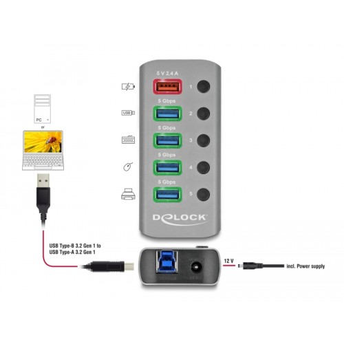 Delock USB 3.2 Gen 1 Hub with 4 Ports + 1 Fast Charging Port with Switch and Illumination