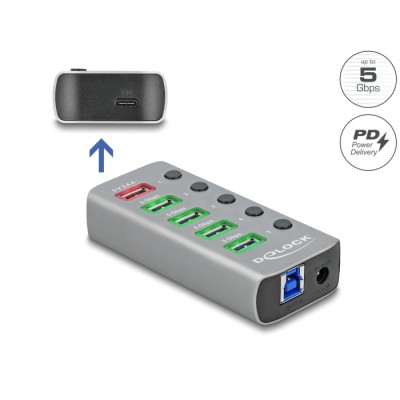 Delock USB 3.2 Gen 1 Hub with 4 Ports + 1 Fast Charging Port + 1 USB-C™ PD 3.0 Port with Switch and Illumination