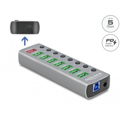 Delock USB 5 Gbps Hub with 7 Ports + 1 Fast Charging Port + 1 USB-C™ PD 3.0 Port with Switch and Illumination