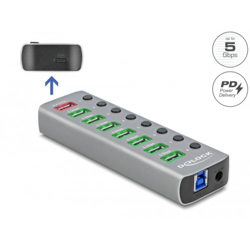 Delock USB 5 Gbps Hub with 7 Ports + 1 Fast Charging Port + 1 USB-C™ PD 3.0 Port with Switch and Illumination