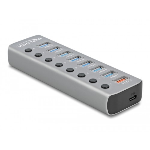 Delock USB 5 Gbps Hub with 7 Ports + 1 Fast Charging Port + 1 USB-C™ PD 3.0 Port with Switch and Illumination