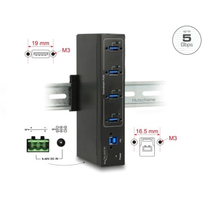 Delock External Industry Hub 4 x USB 3.0 Type-A with 15 kV ESD protection