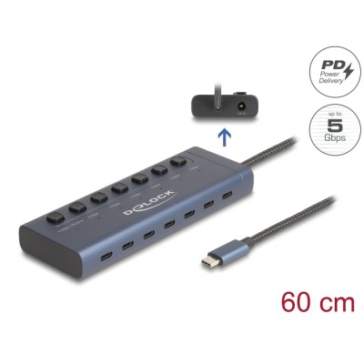 Delock USB 5 Gbps Hub with 7 USB Type-C™ Port with switch thereof 6 x Data Port + 1 x Data and PD 20 Watt