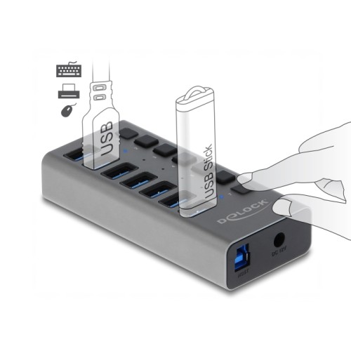 Delock External USB 5 Gbps Hub with 7 Ports + Switch