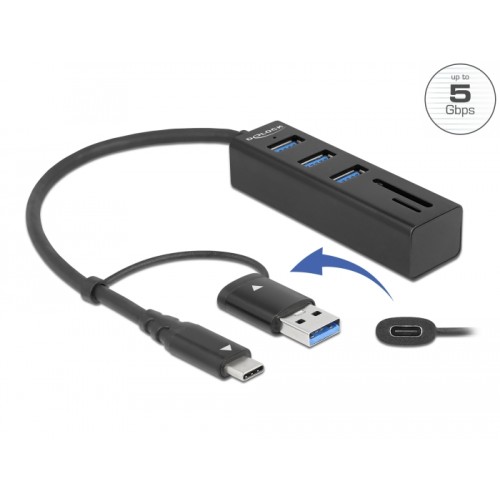 Delock 3 Port USB 3.2 Gen 1 Hub + SD and Micro SD Card Reader with USB Type-C™ or USB Type-A connector