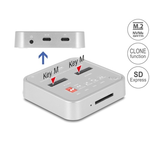 Delock Docking Station for 1 x M.2 NVMe SSD + 1 x M.2 SATA SSD with SD Express (SD 7.1) Card Reader and Clone Function