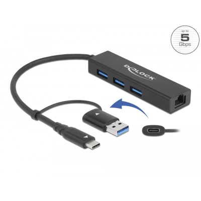 Delock 3 Port USB 3.2 Gen 1 Hub + Gigabit LAN with USB Type-C™ or USB Type-A connector