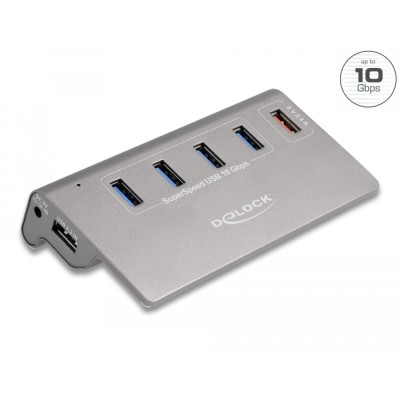 Delock USB 10 Gbps Hub with 4 USB Type-A Ports + 1 Fast Charging Port incl. Power Supply