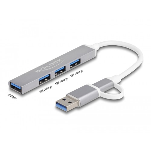 Delock 4 Port Slim USB Hub with USB Type-C™ or USB Type-A to 3 x USB 2.0 Type-A female + 1 x USB 5 Gbps Type-A female
