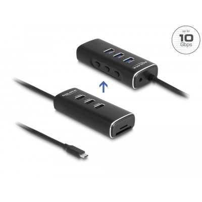 Delock 3 Port USB 10 Gbps Hub including SD and Micro SD Card Reader with USB Type-C™ connector 60 cm Cable and Switch for each p