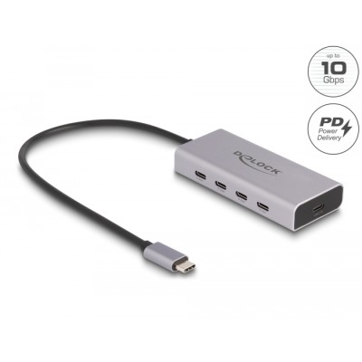 Delock USB 10 Gbps USB Type-C™ Hub with 4 x USB Type-C™ female + 1 x USB Type-C™ PD 85 Watt with 30 cm connection cable