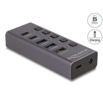 Delock USB 5 Gbps Hub with 2 x USB Type-A and 2 x USB Type-C™ female and 1 x Fast Charging Port + Switch