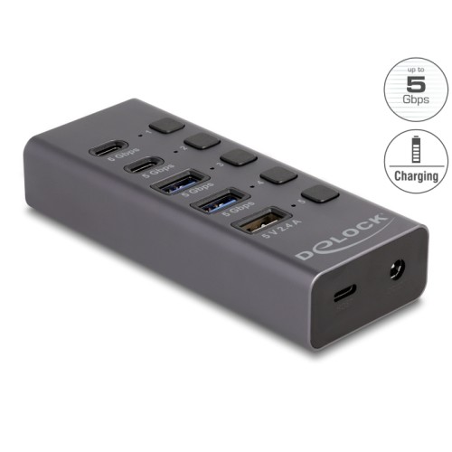 Delock USB 5 Gbps Hub with 2 x USB Type-A and 2 x USB Type-C™ female and 1 x Fast Charging Port + Switch