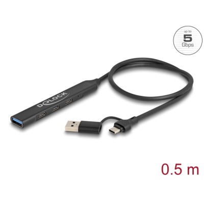 Delock 4 Port Slim USB Hub with USB Type-C™ or USB Type-A to 3 x USB 5 Gbps USB Type-C™ + 1 x USB 5 Gbps Type-A