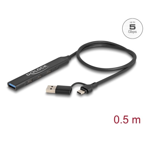 Delock 4 Port Slim USB Hub with USB Type-C™ or USB Type-A to 3 x USB 5 Gbps USB Type-C™ + 1 x USB 5 Gbps Type-A