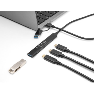 Delock 4 Port Slim USB Hub with USB Type-C™ or USB Type-A to 3 x USB 5 Gbps USB Type-C™ + 1 x USB 5 Gbps Type-A 2
