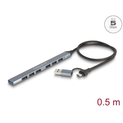 Delock 7 Port Slim USB Hub with USB Type-C™ or USB Type-A to 1 x USB 5 Gbps Type-A + 6 x USB 2.0 Type-A